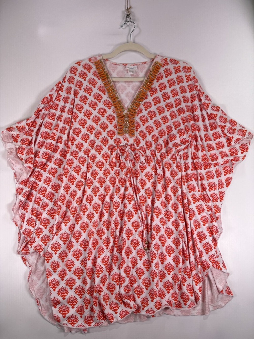Cabana Life Beaded V-Neck Drawstring Medallion Cover Up Tunic Orange White M - Picture 2 of 12